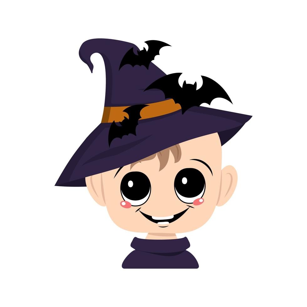 Child with big eyes and happy smile in pointed witch hat with bats vector