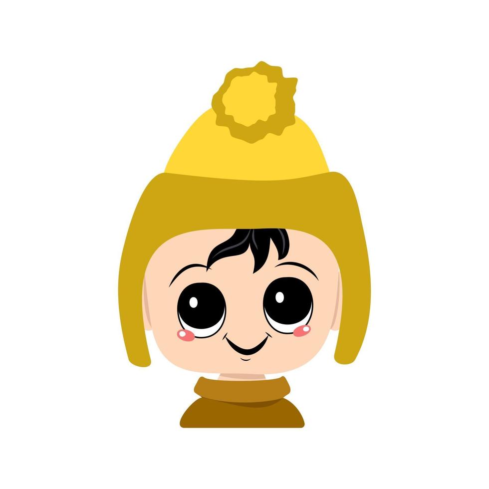 Cabeza de adorable bebé con emociones felices en un sombrero amarillo vector