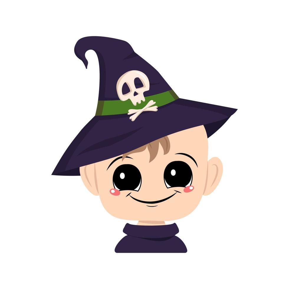 Child with big eyes and happy smile in pointed witch hat vector