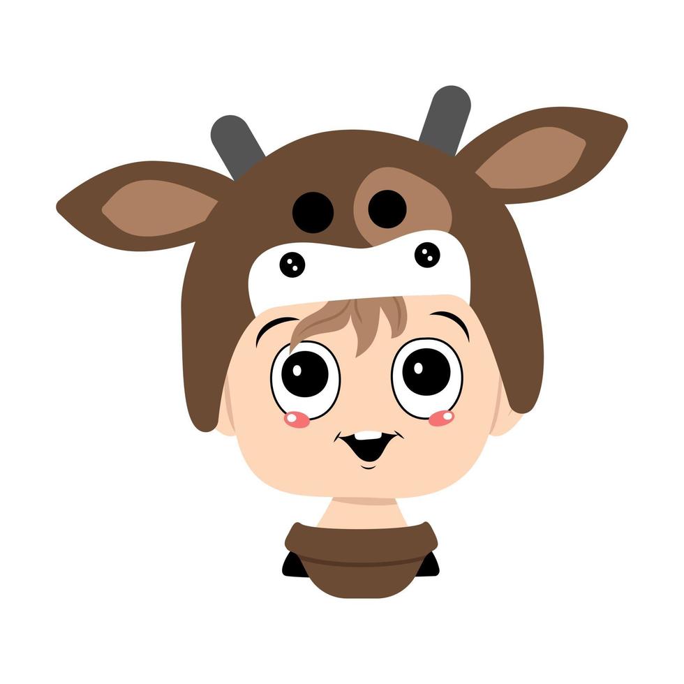avatar de niño con ojos grandes y sonrisa feliz en sombrero de vaca vector