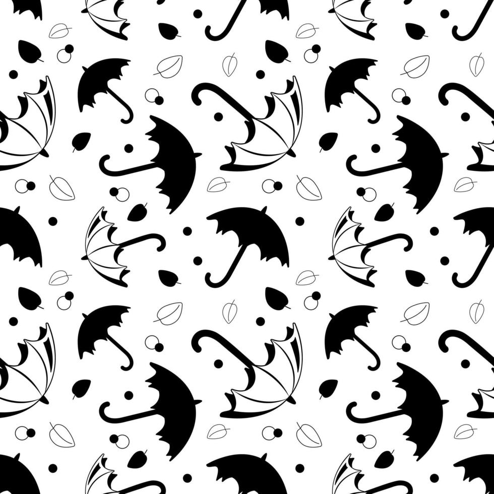 Seamless pattern with black umbrellas and leaves vector