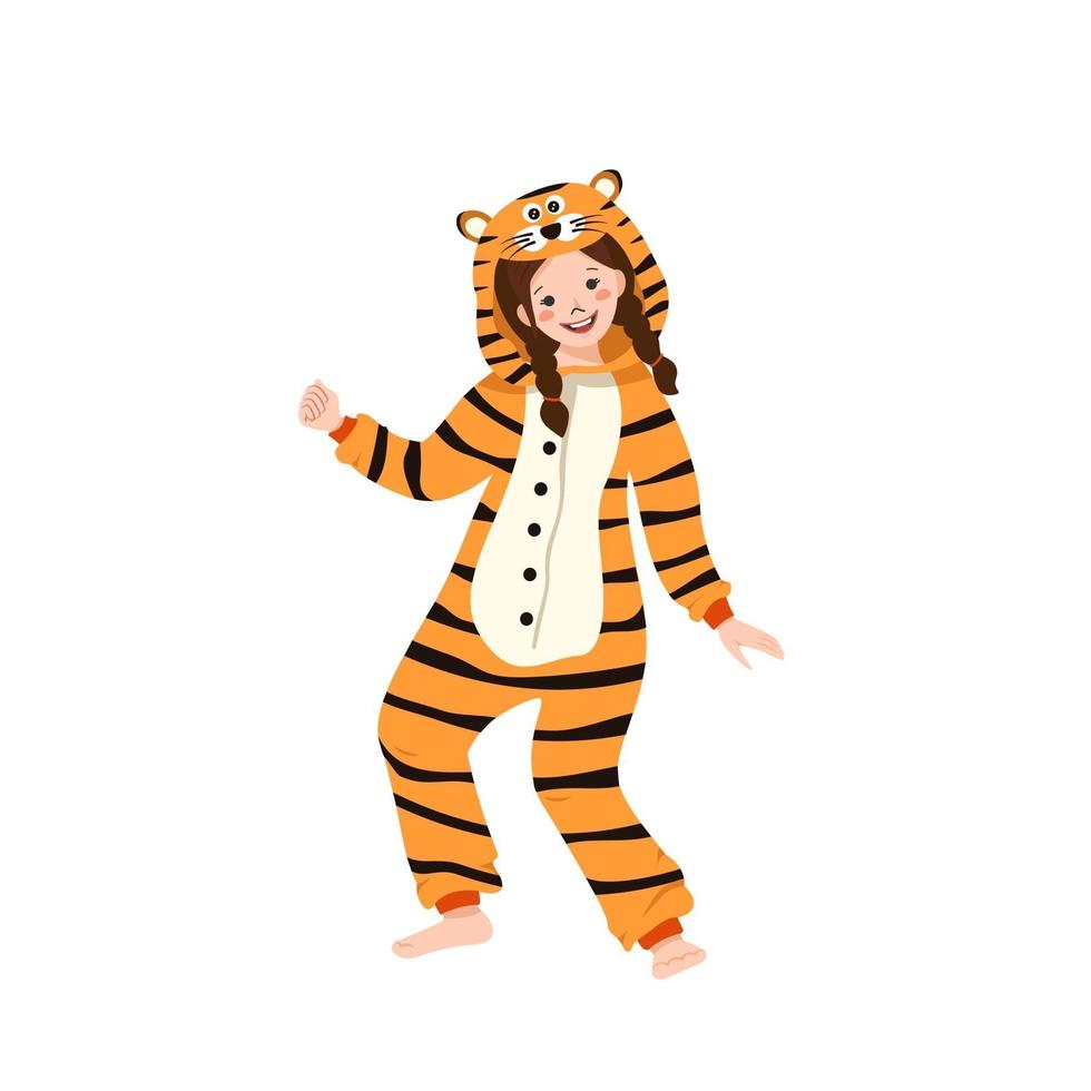 Girl in a carnival costume of a tiger. Children pajama party vector