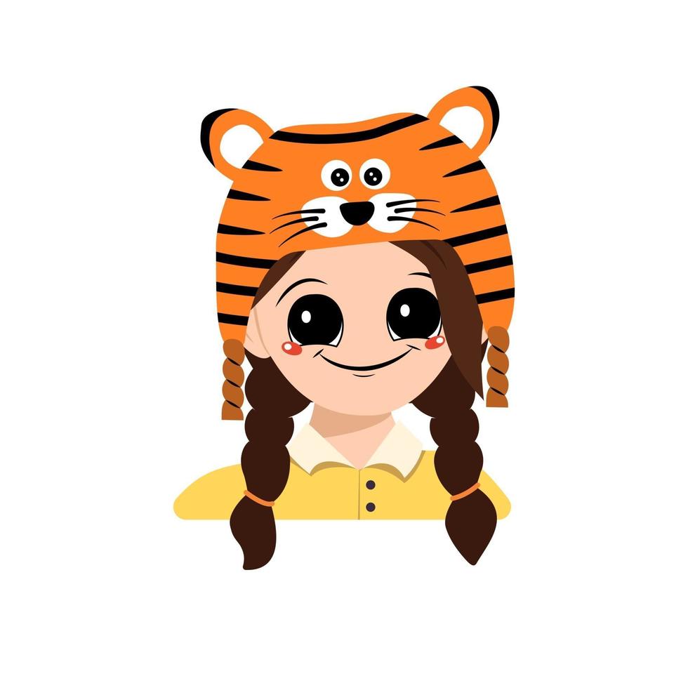 Girl with big eyes and smile in tiger hat costume for New Year vector