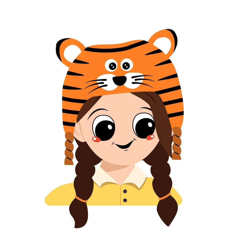 niña con ojos grandes y sonrisa en traje de sombrero de tigre para año nuevo vector