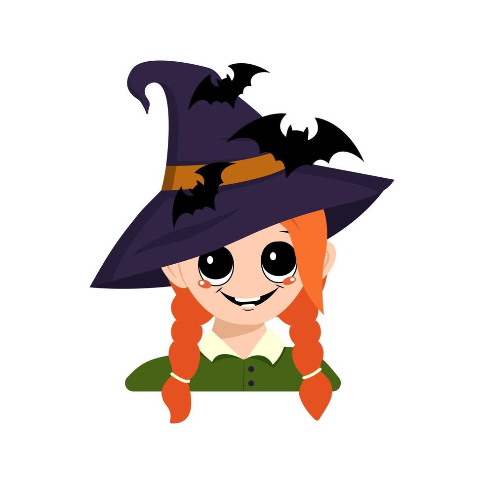 Girl with red hair, big eyes and happy smile in pointed witch hat vector