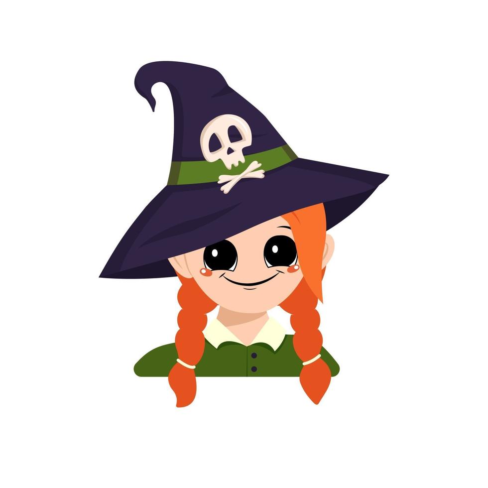 Girl with red hair, big eyes and happy smile in pointed witch hat vector