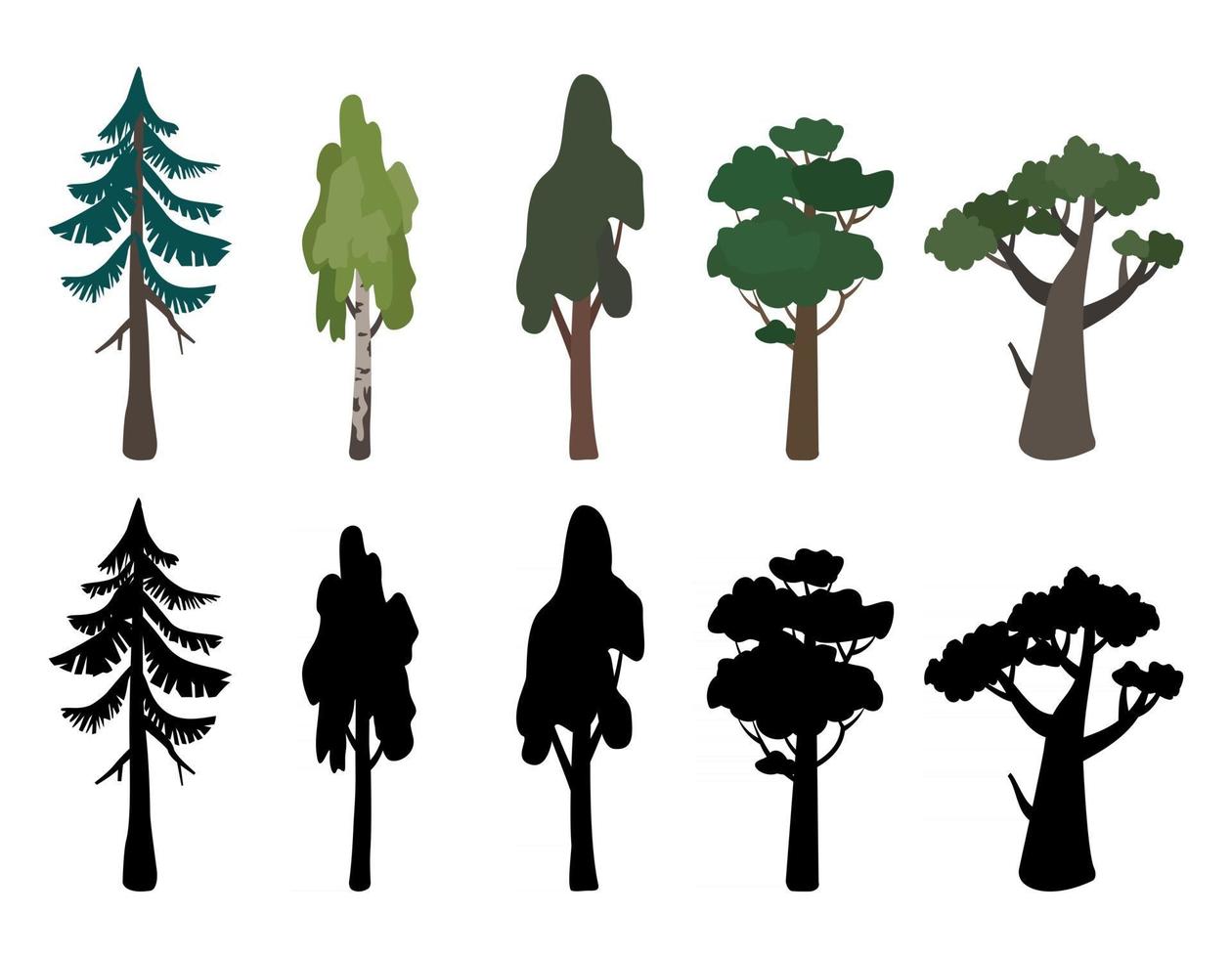 Set of icons of trees birch, oak, spruce and their silhouette vector