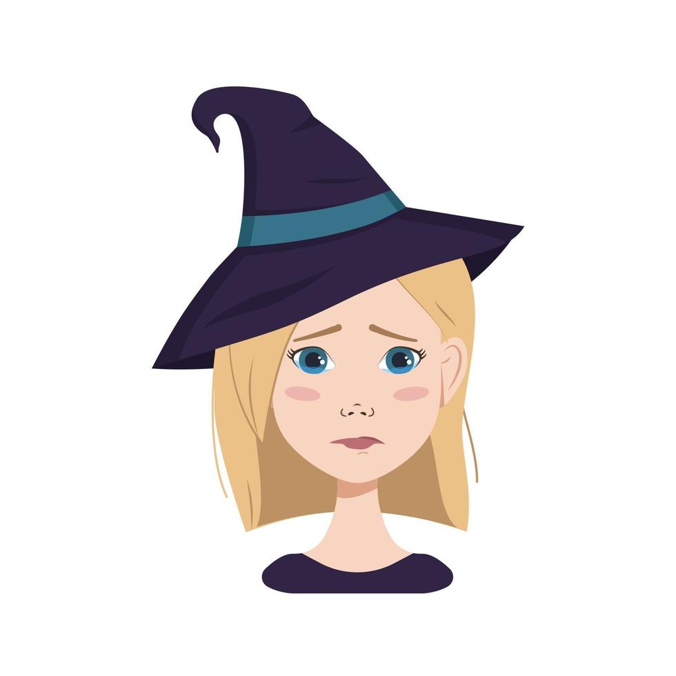 Woman with blonde hair, sad emotions, crying face in witch hat vector