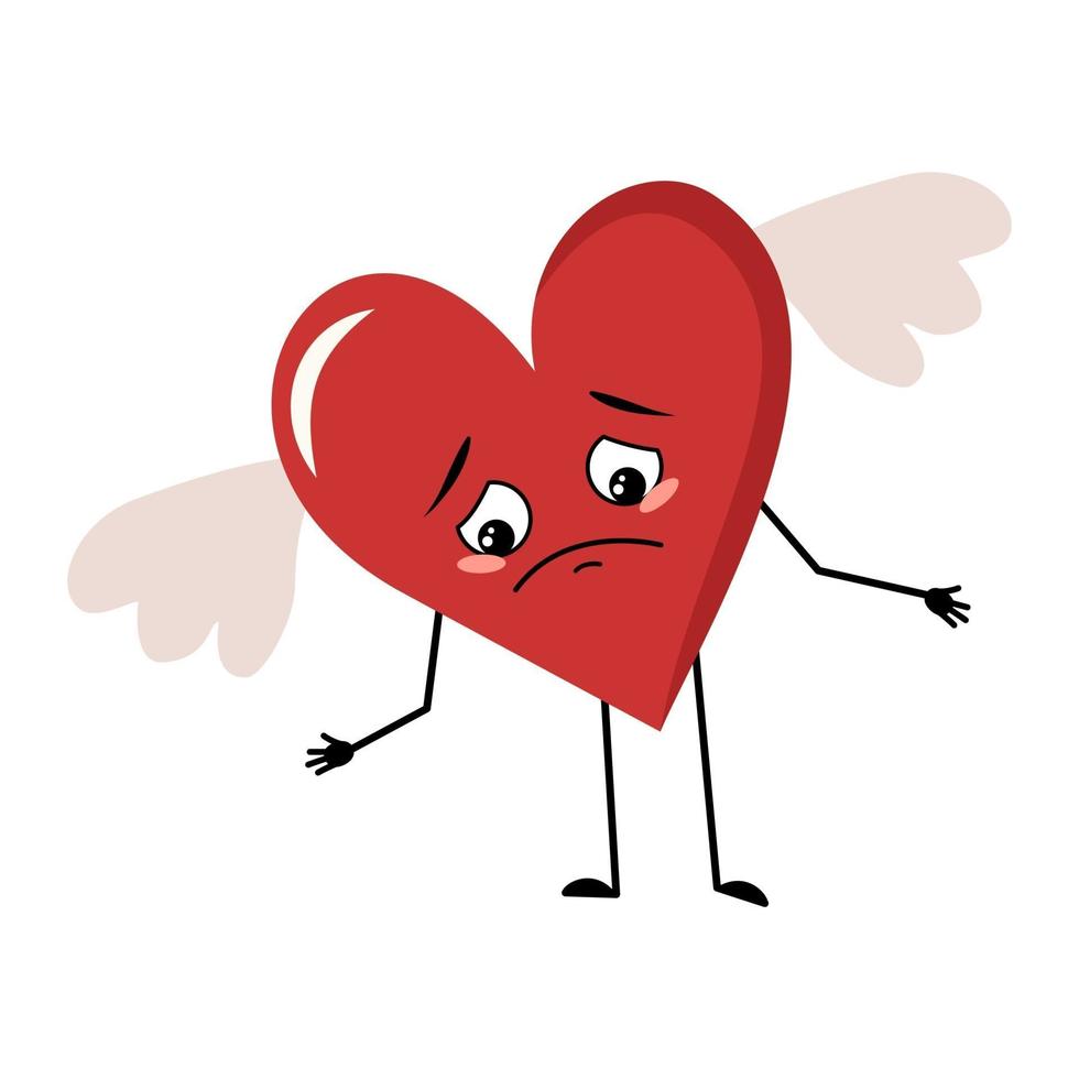 Character red heart with wings and sad emotions, depressed face vector