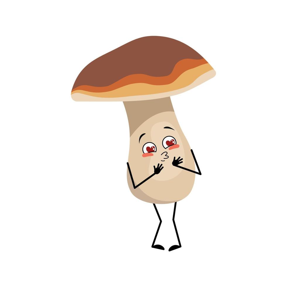 Mushroom character falls in love with eyes hearts, kiss face vector