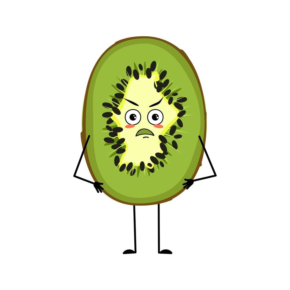 Personaje de kiwi con emociones enojadas, cara, brazos y piernas. vector