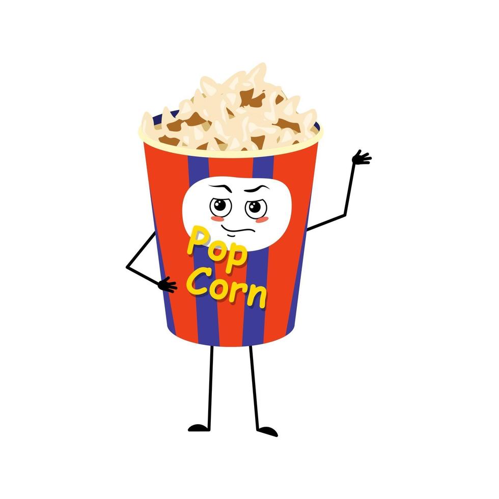 Popcorn character in holiday box with emotions of hero, brave face vector