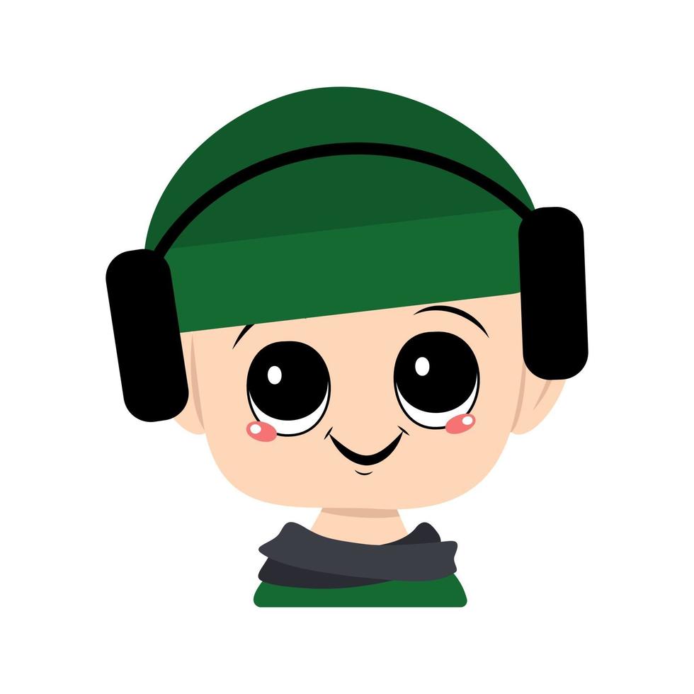 niño con ojos grandes y una amplia sonrisa en un sombrero verde con auriculares vector