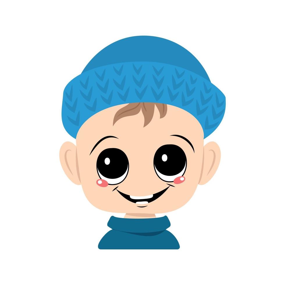 child with big eyes and a wide smile in a blue knitted hat vector