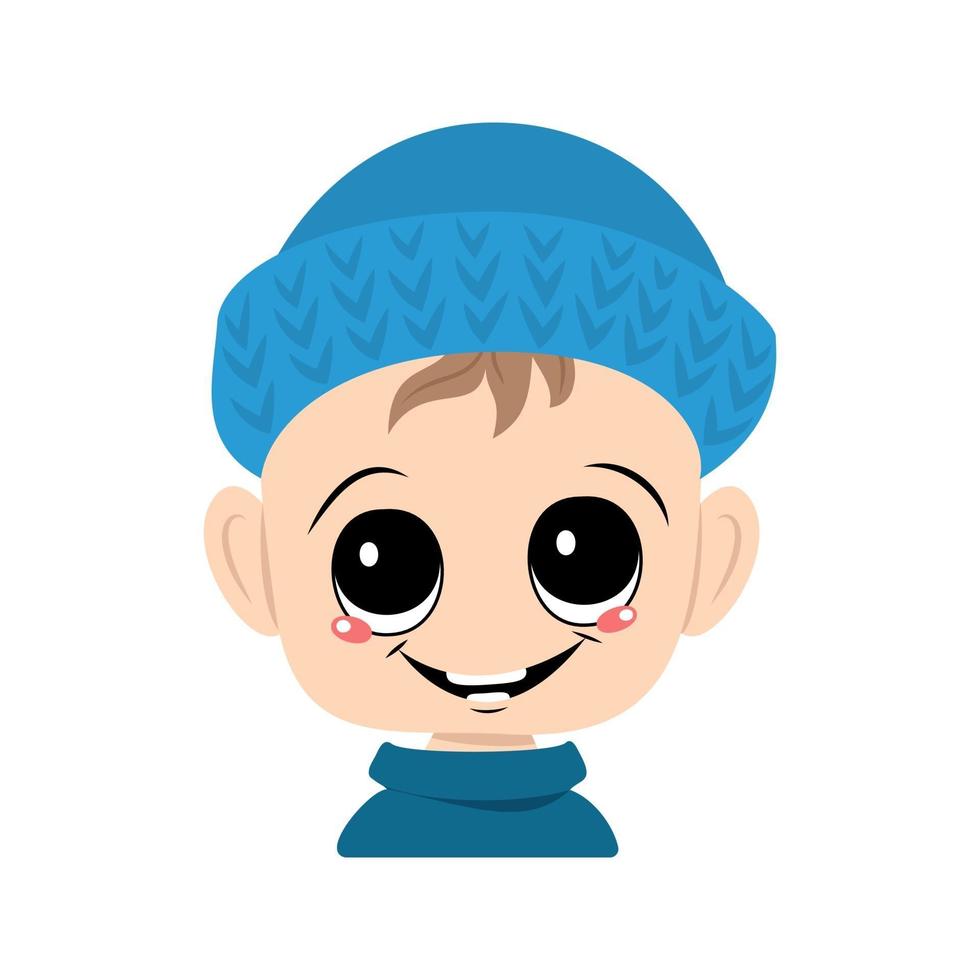 niño con ojos grandes y una amplia sonrisa en un gorro de punto azul vector