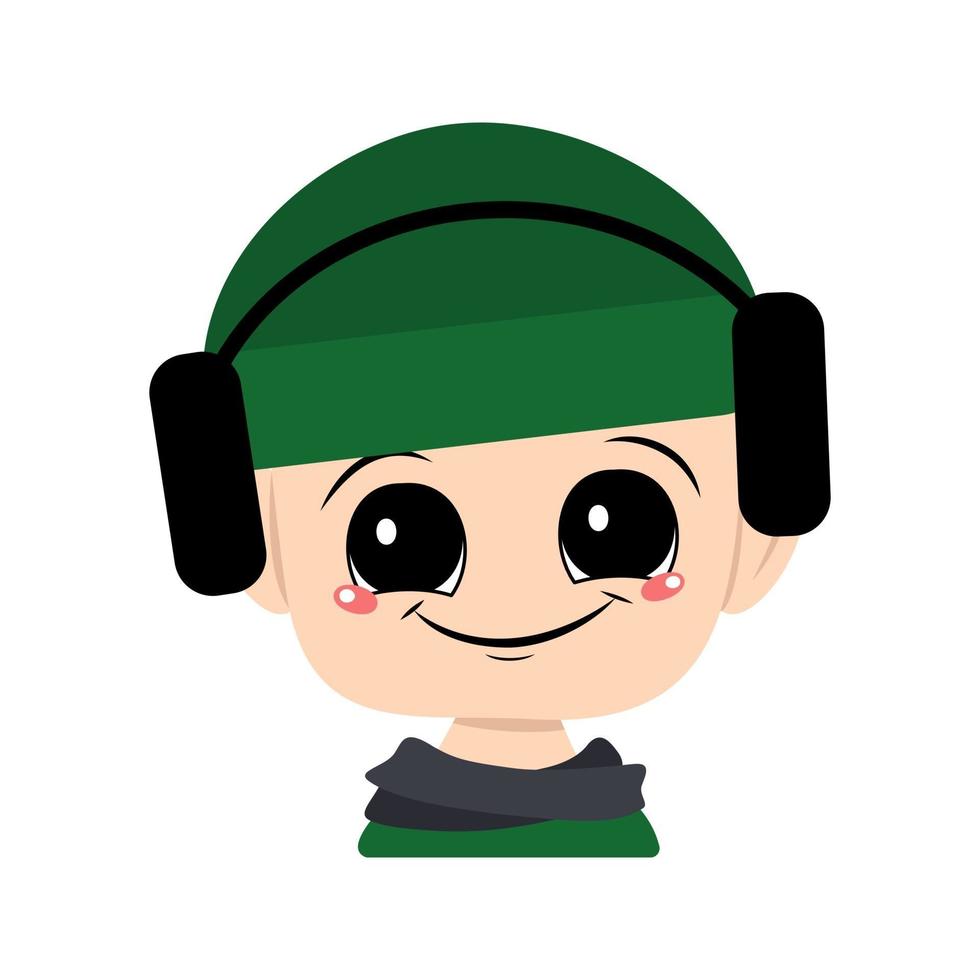 niño con ojos grandes y una amplia sonrisa en un sombrero verde con auriculares vector