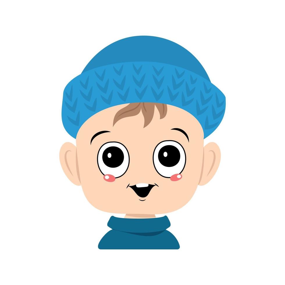 child with big eyes and a wide smile in a blue knitted hat vector