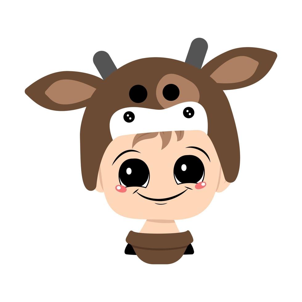 Child with big eyes and a wide happy smile wearing a cow hat vector