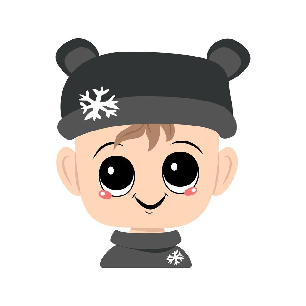 Child with big eyes and a wide smile in a bear hat with a snowflake vector