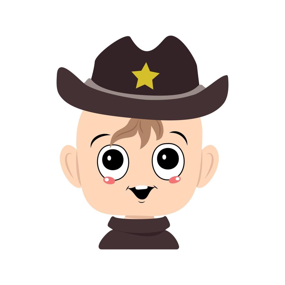 niño con ojos grandes y amplia sonrisa con sombrero de sheriff con estrella amarilla vector