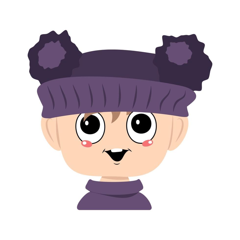 Child with big eyes and a happy smile in a violet hat with a pom pom vector