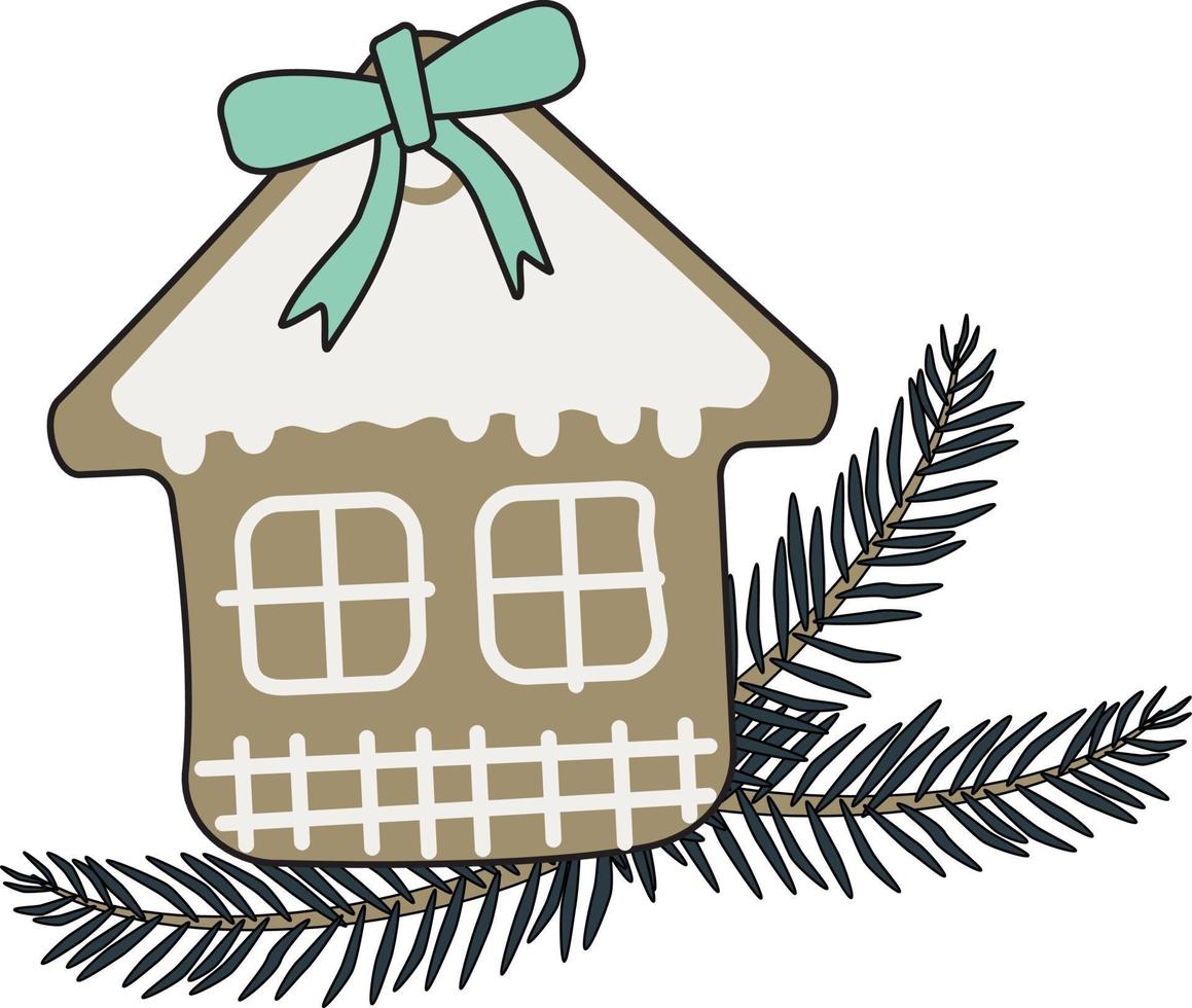 New Year gingerbread house and Christmas tree branch vector