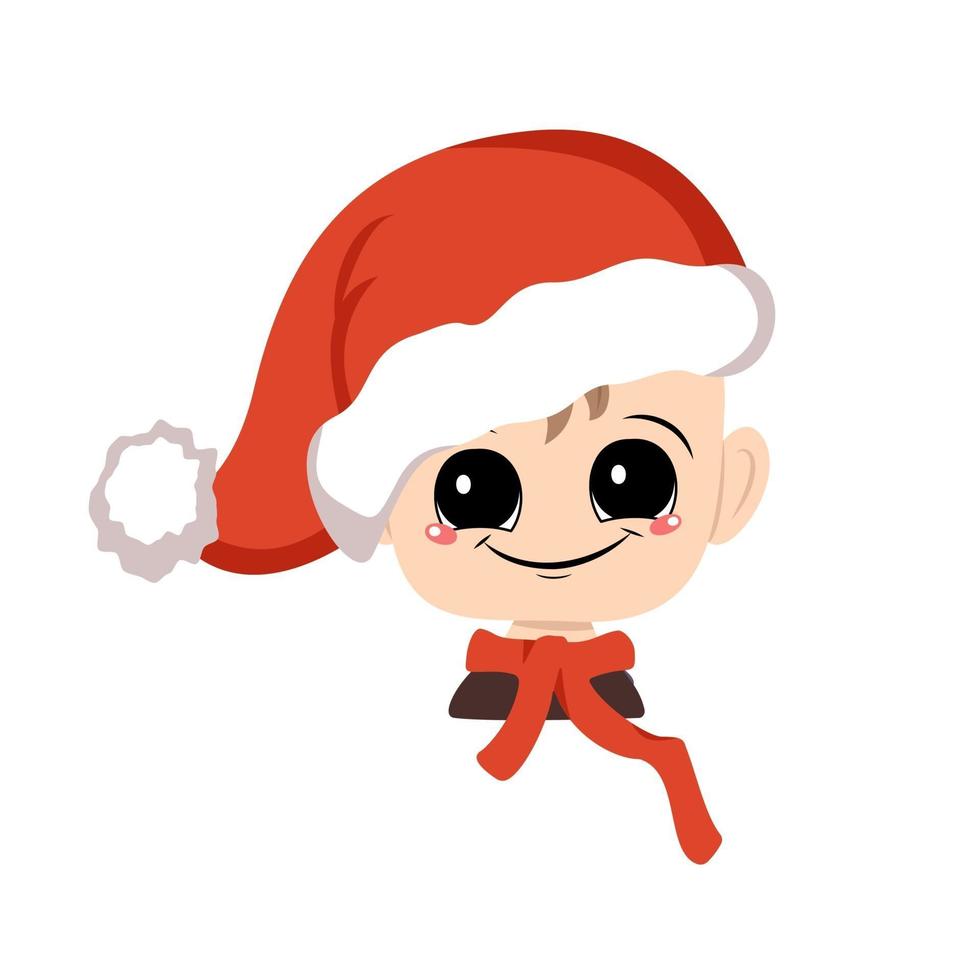 niño con ojos grandes y una amplia sonrisa feliz en un sombrero rojo de santa vector