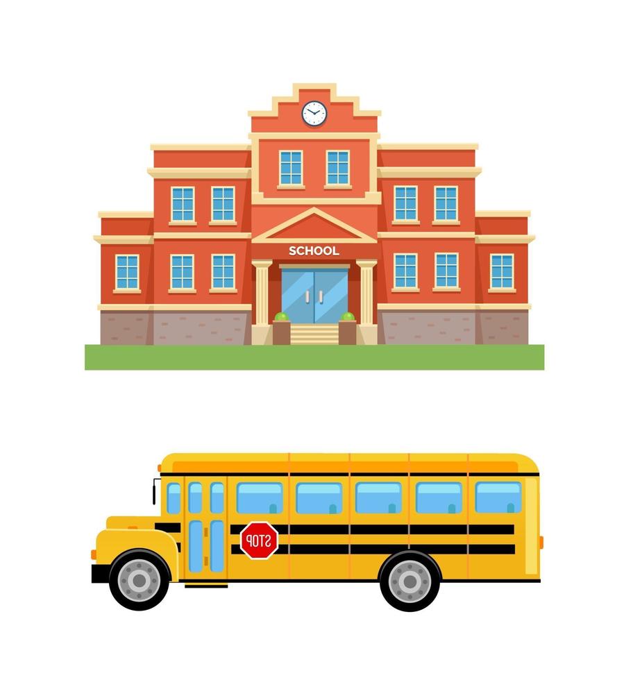 School building, college and school bus. Set vector