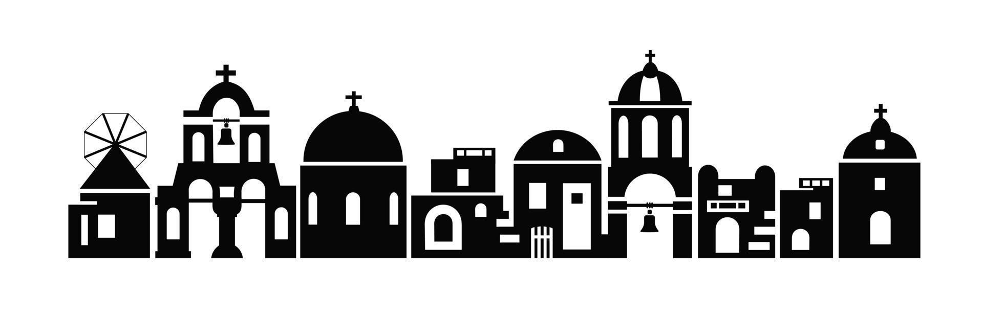 Santorini island, Greece. Traditional architecture. Black silhouette vector