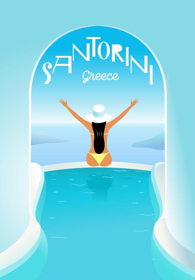 Girl in the pool with raised hands in the resort of Santorini vector