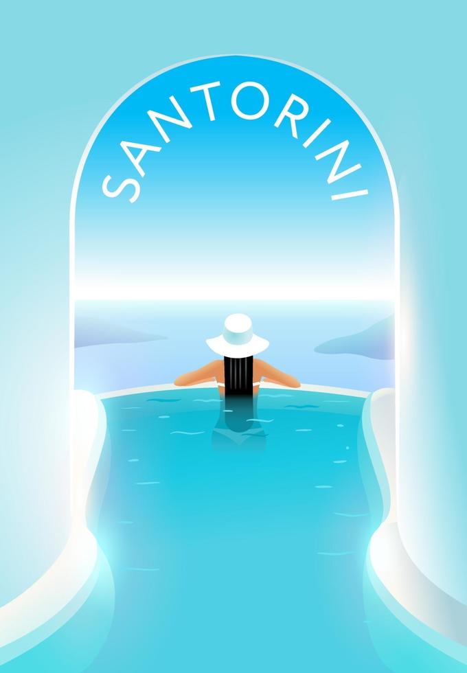 Girl in the pool in the resort of Santorini, Greece vector