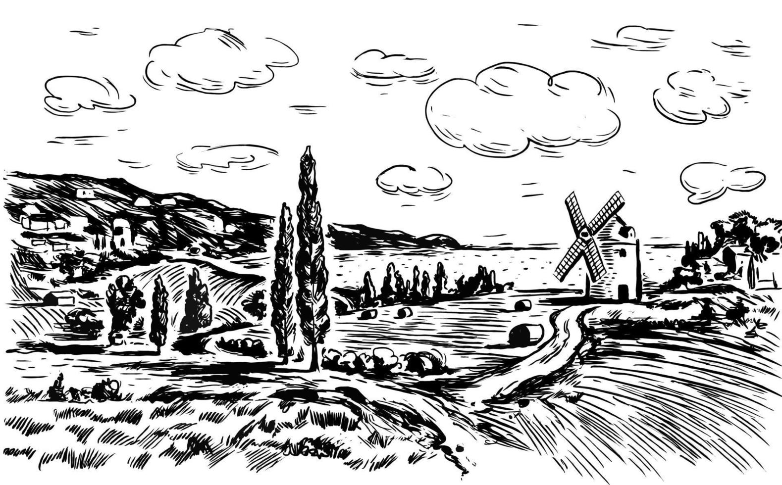 Summer landscape with a mill, fields, mountains and a lake vector