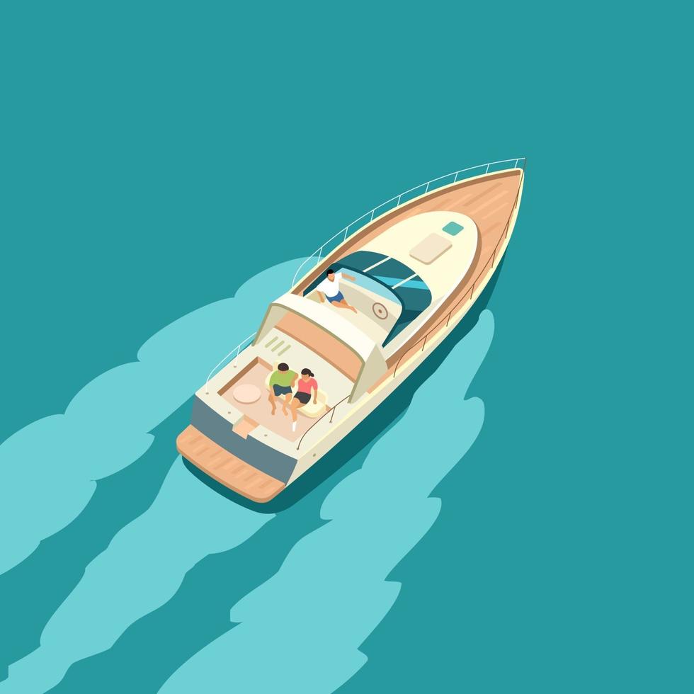 Yacht at sea with people resting. Summer vacation on a yacht. vector