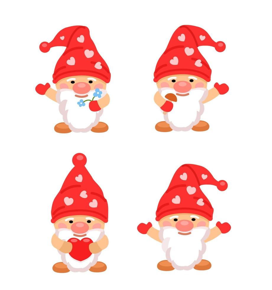 Three little gnomes holding a flower, a fungus and a heart. vector