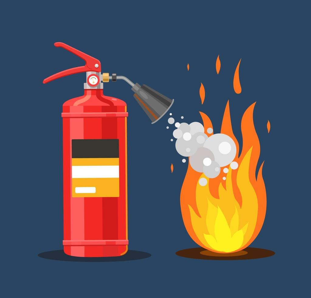 The fire extinguisher extinguishes fire with foam. Fire safety. vector