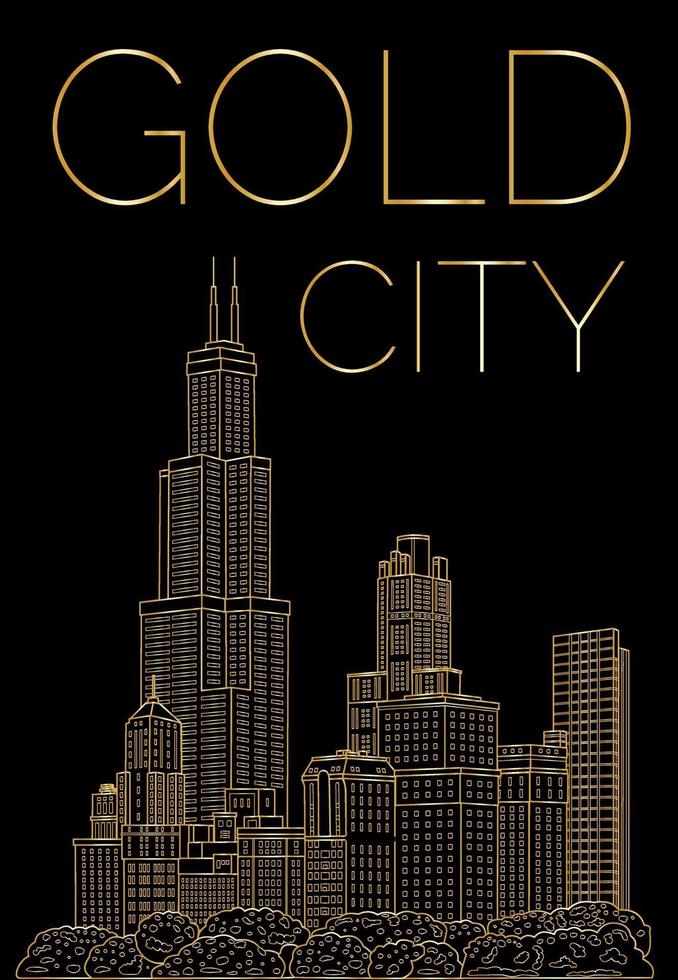 Linear city on a black background with a gold outline vector