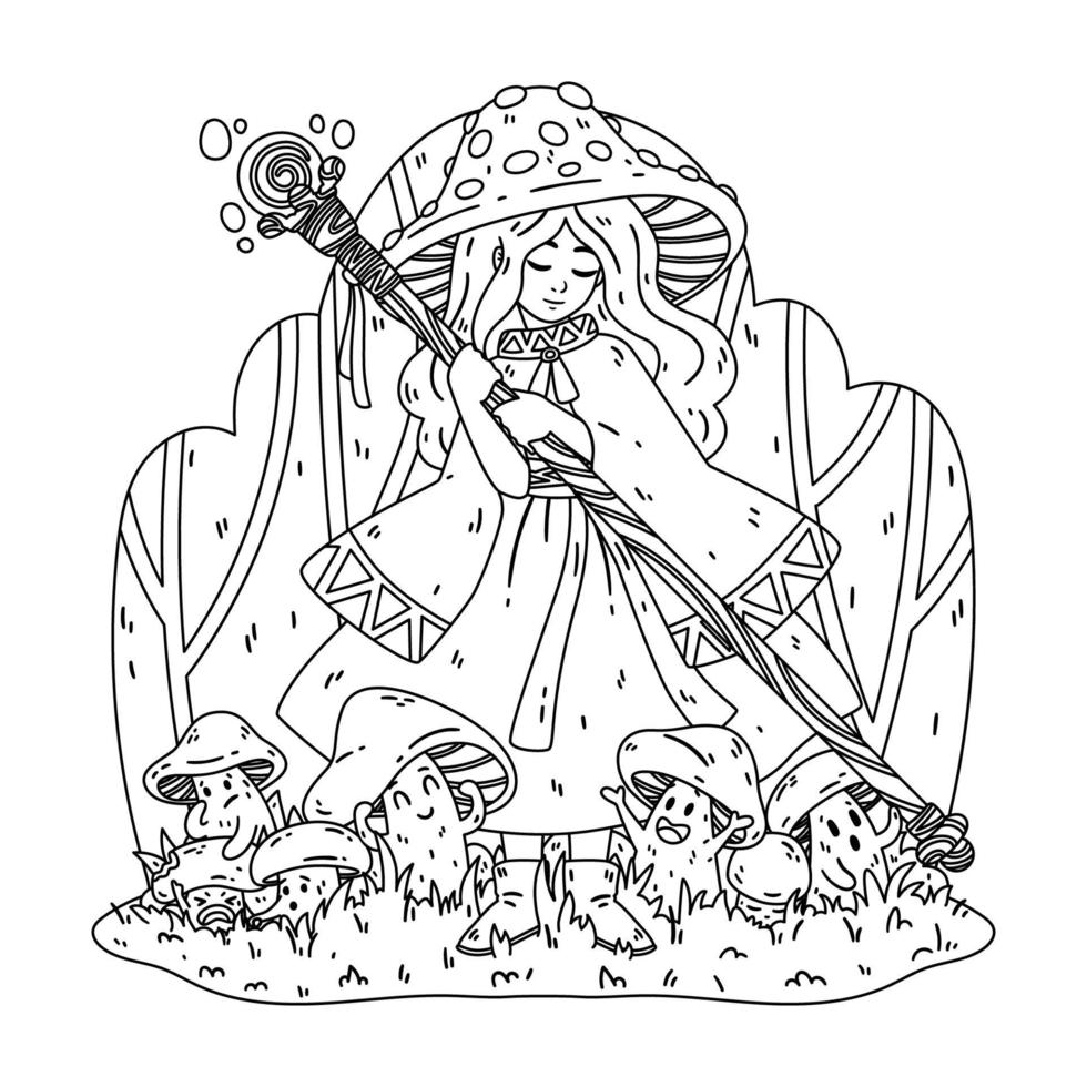 Mushroom witch, with a magic staff, a cape and a fly agaric hat. vector