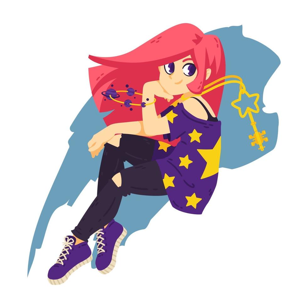 Space girl with a magic key and planets bracelet. Magical teenager. vector