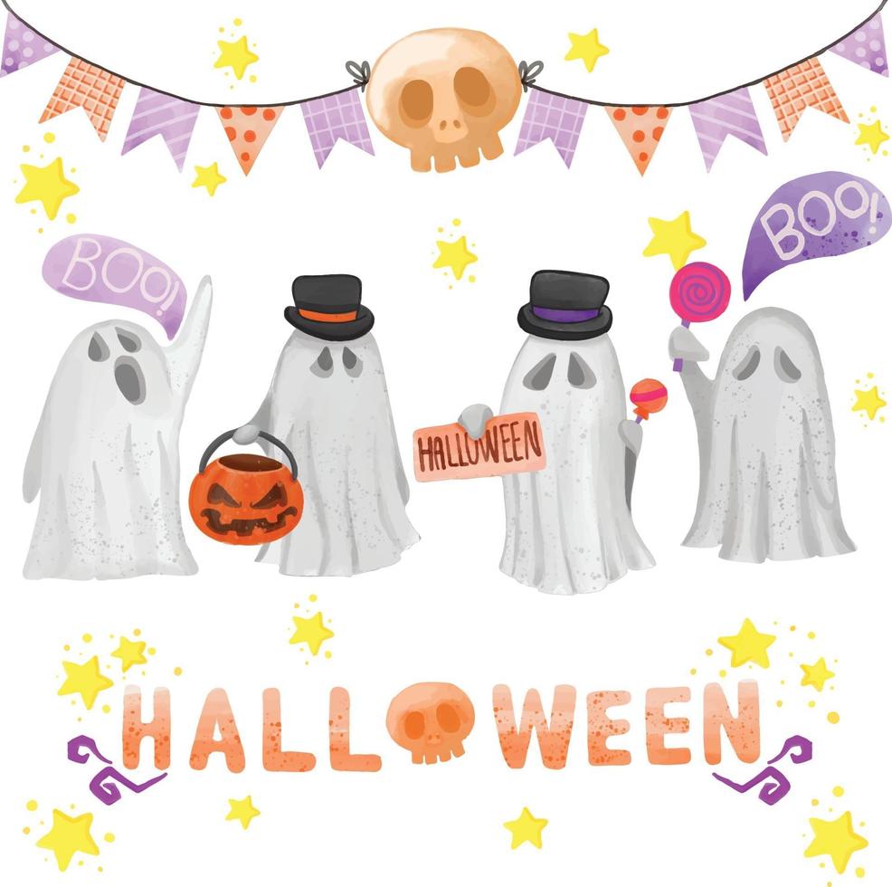 conjunto de acuarela pintada día de halloween, imágenes prediseñadas de truco o trato vector