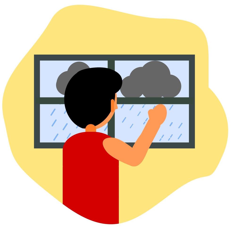 Boy looking out of window on a rainy day concept vector