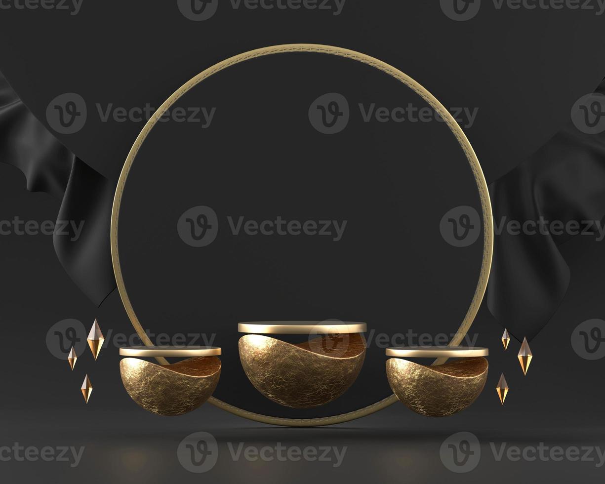 Golden platform podium 3d rendering in black background photo
