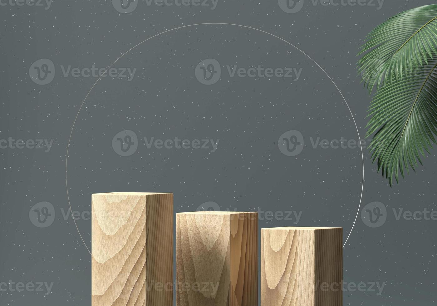 Wooden podium showcase for product with palm leaves 3d render photo