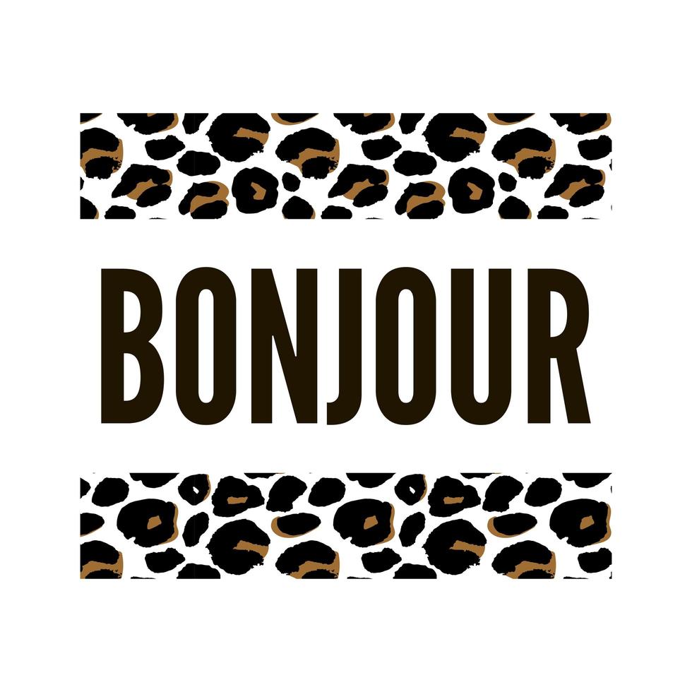 texto decorativo bonjour hola eslogan con fondo de piel de leopardo vector