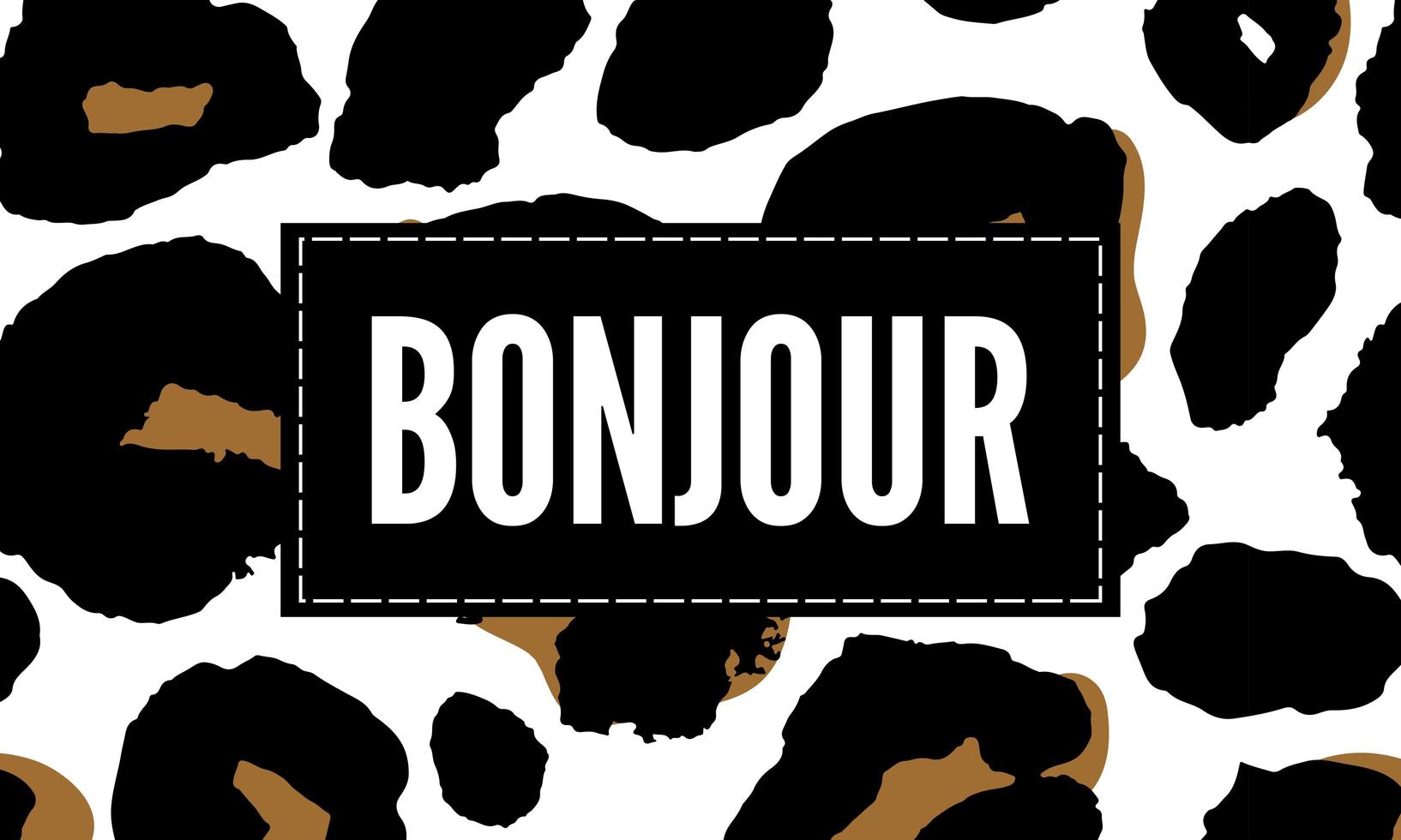 texto decorativo bonjour hola eslogan con fondo de piel de leopardo vector