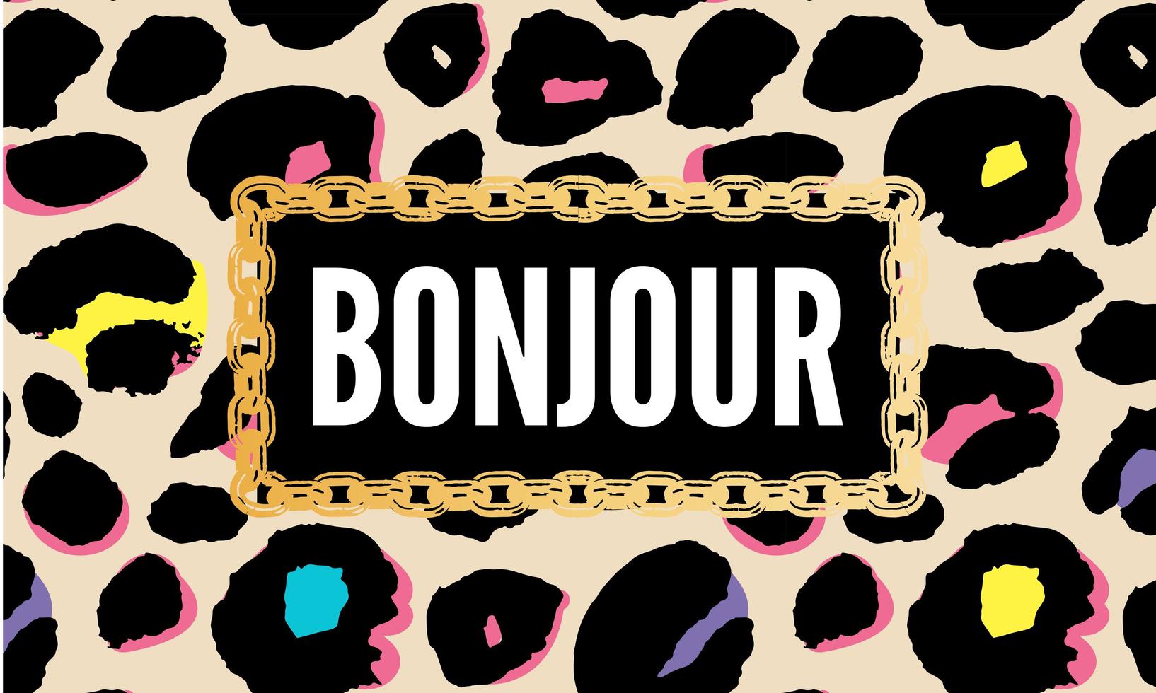 texto decorativo bonjour hola eslogan con fondo de piel de leopardo vector