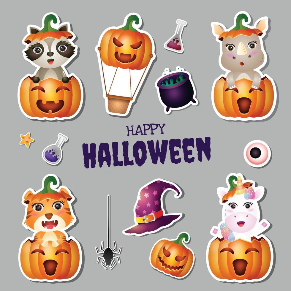 colección de pegatinas de halloween con lindo mapache, rinoceronte, tigre, unicornio vector