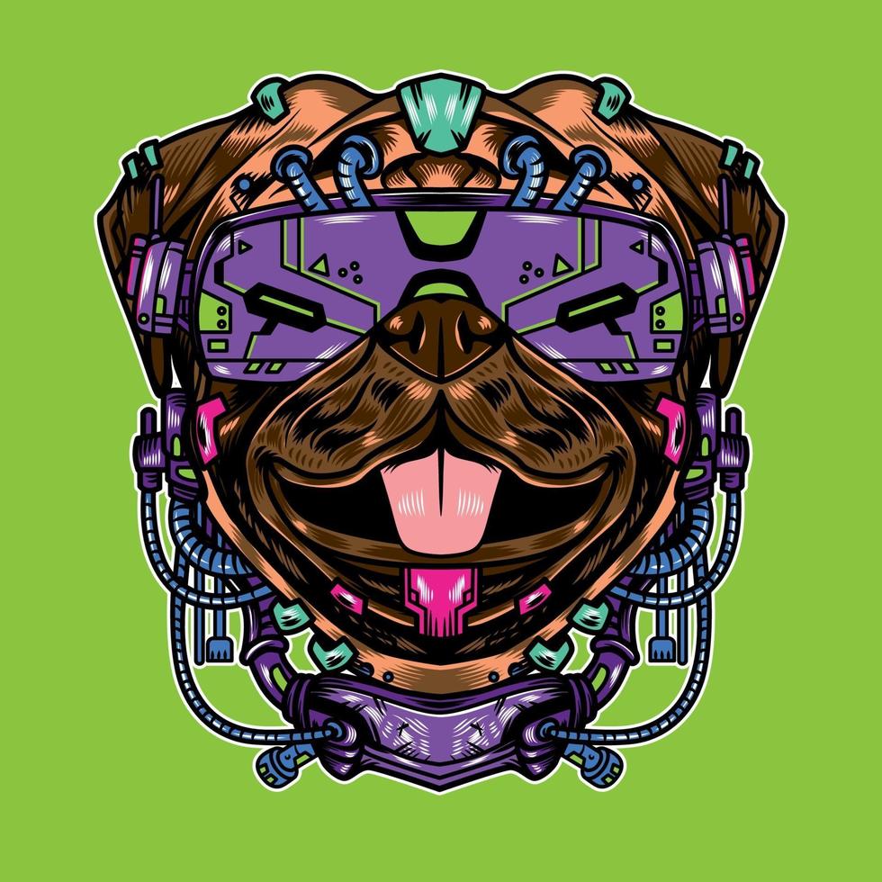 Vector Illustration pug dog cool futuristic cyberpunk cartoon style