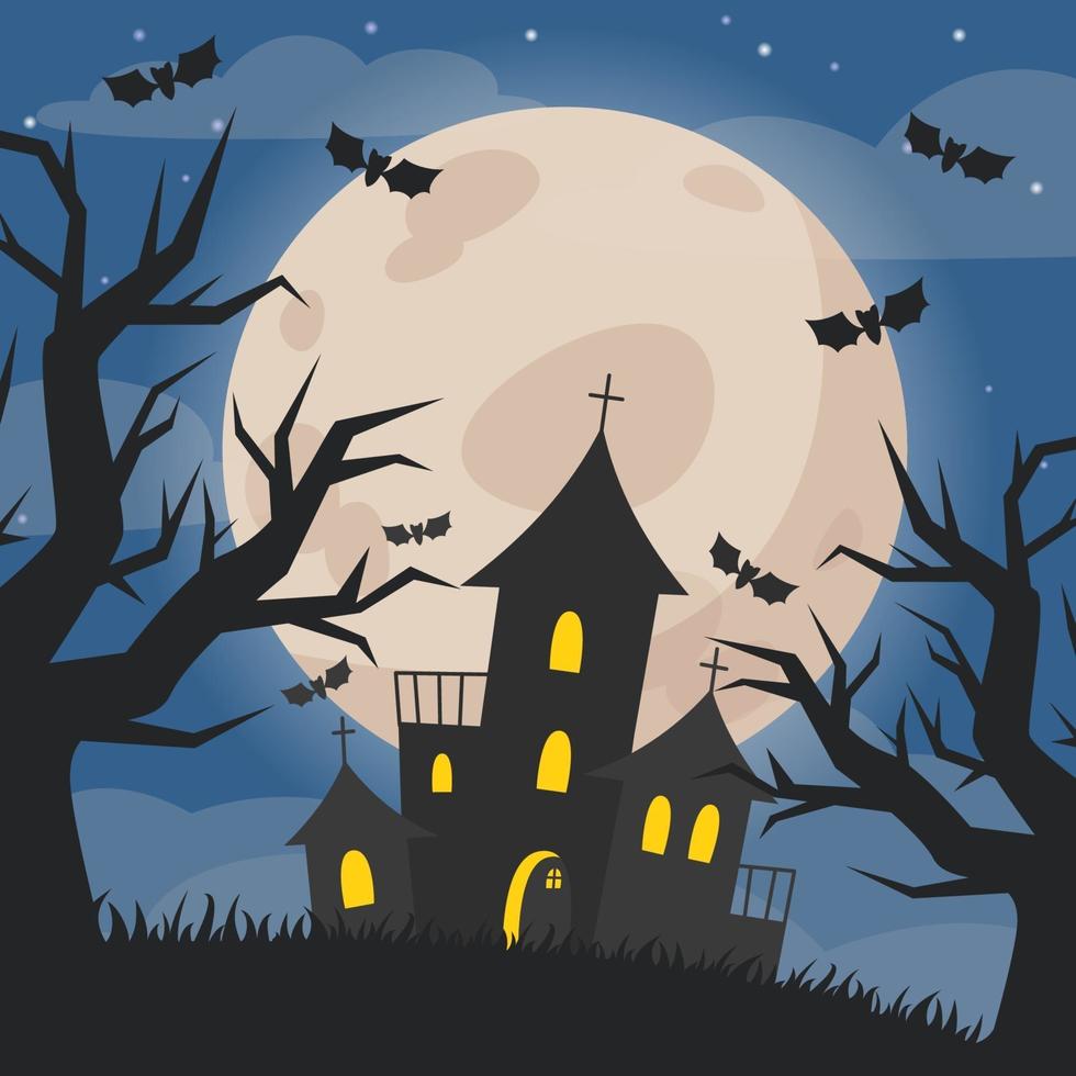 Halloween illustration of night landscape with castle and full moon vector