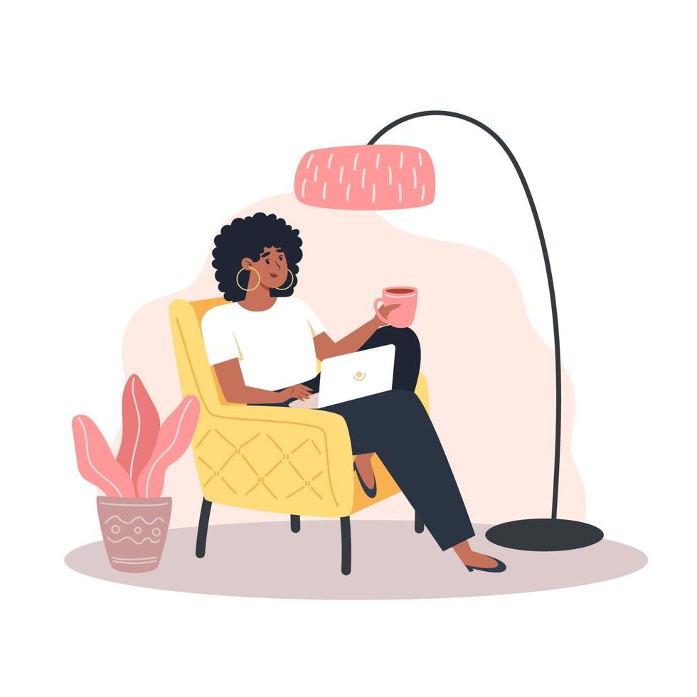 Young woman sitting on armchair and working on laptop from home vector