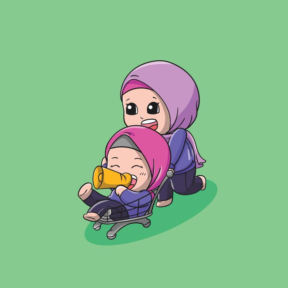 Cute Muslim girl using cart trolley Flat Cartoon Style vector